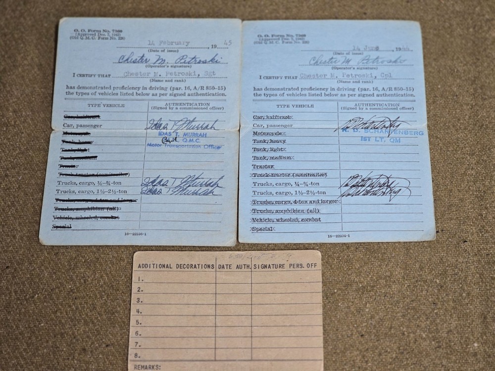 WWII US Army Medal list and Motor Vehicle Permit Books Named to Petroski