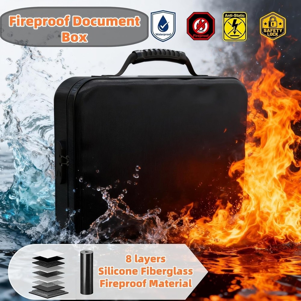 Fireproof Document Box with Lock Waterproof File Organizer Bag for Certificates