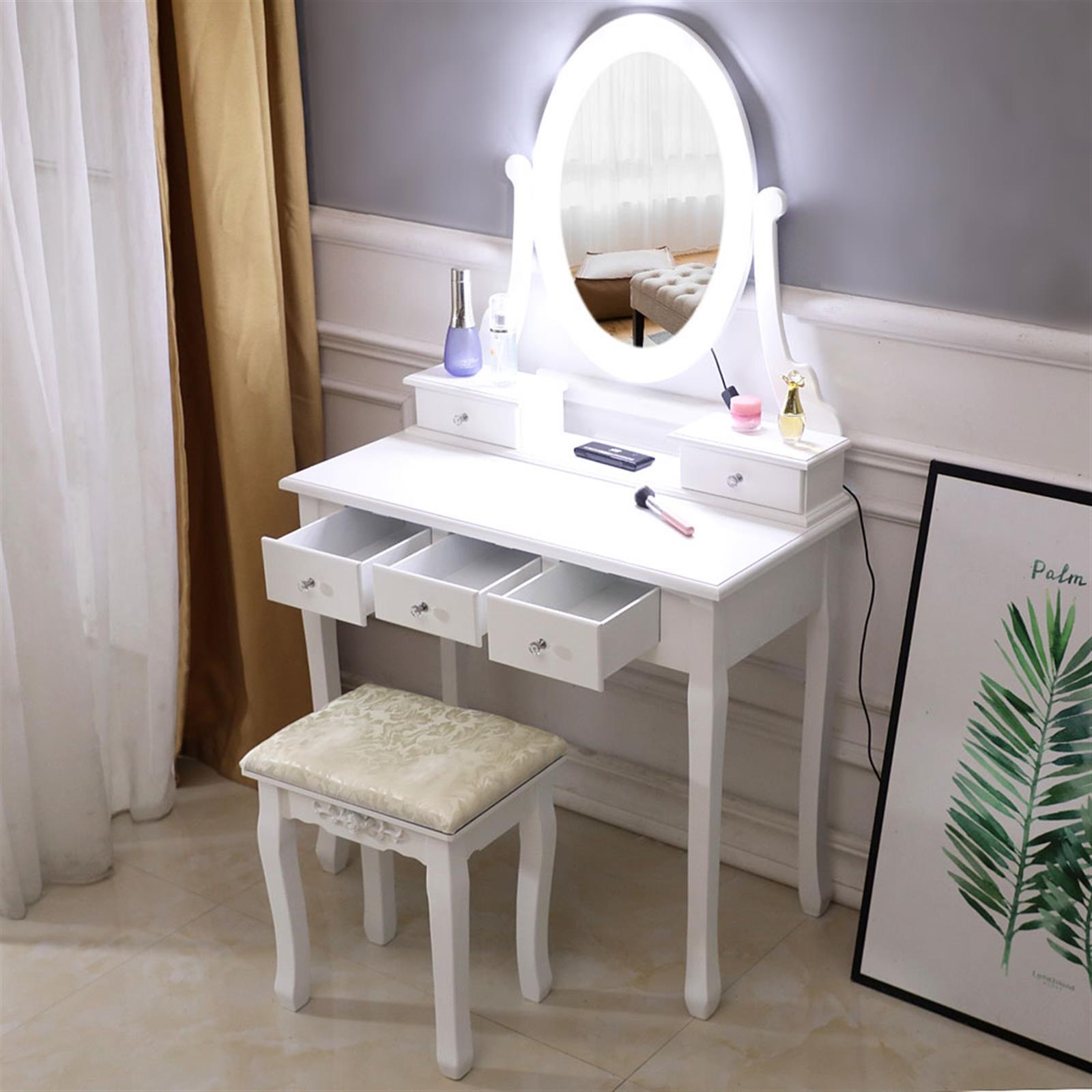 Vanity Makeup Dressing Table Set w/Stool 4 Drawer & Led Mirror Wood Desk White
