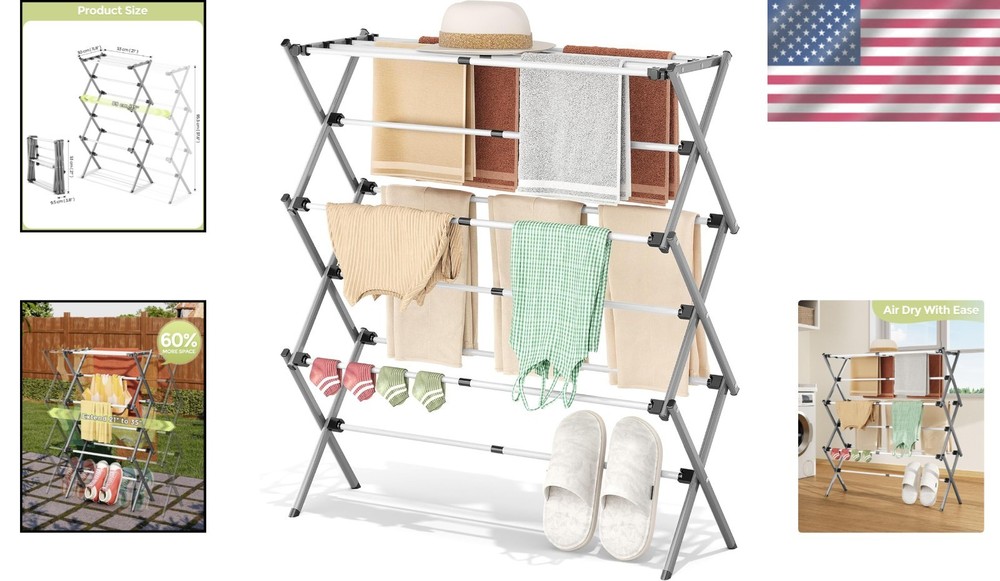 Stylish White/Grey Laundry Drying Rack: Foldable & Expandable for Versatile Use