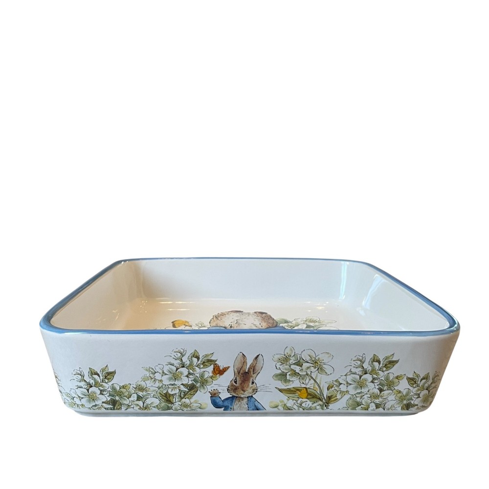 Beatrix Potter Peter Rabbit 9" Square Ceramic Baker Blue Rim Easter Bakeware NEW