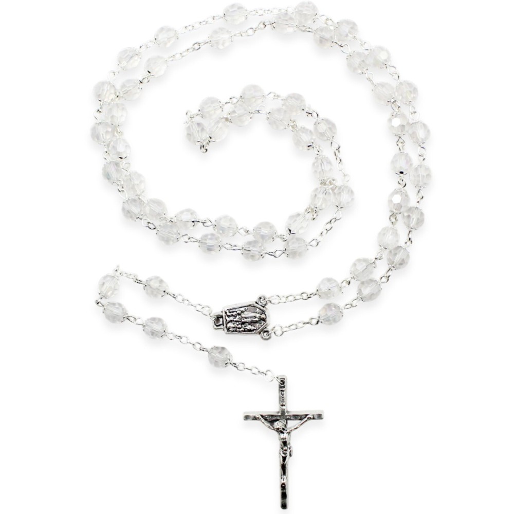 Our Lady of Fatima Rosary – 8mm Clear Faceted Crystal Beads with Crucifix