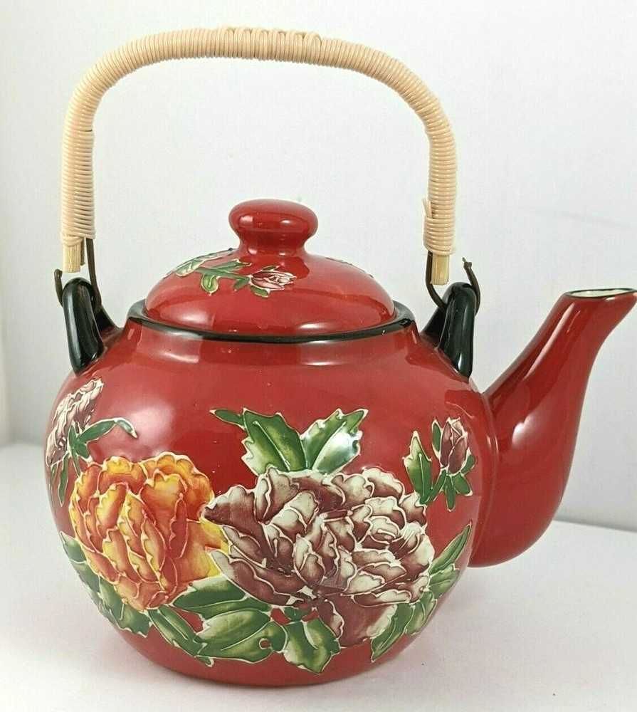 Pier One Ceramic Hand Painted Peony Tea Pot Stoneware