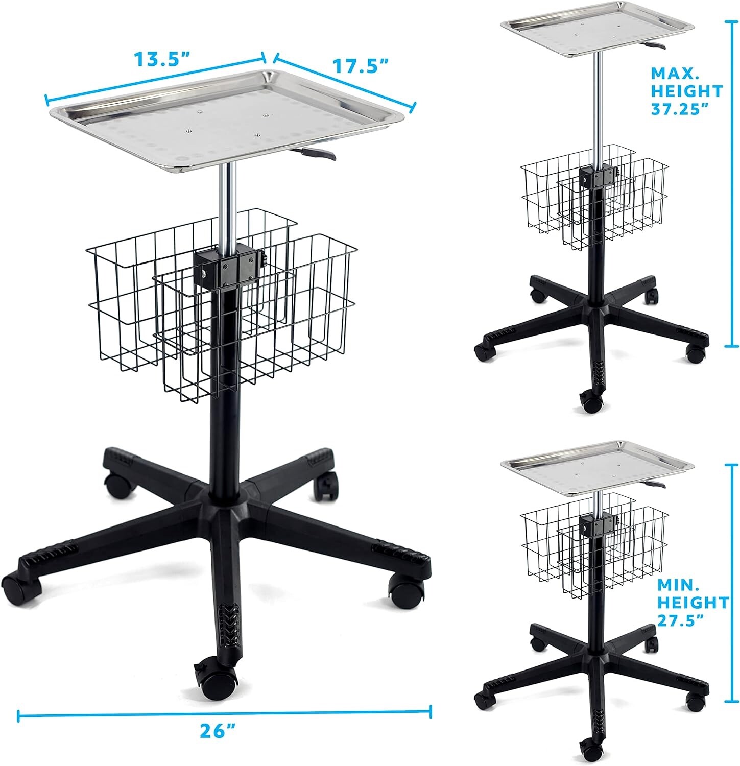 Stainless Steel Instrument Tray on Wheels, Height Adjustable Medical Tray Cart