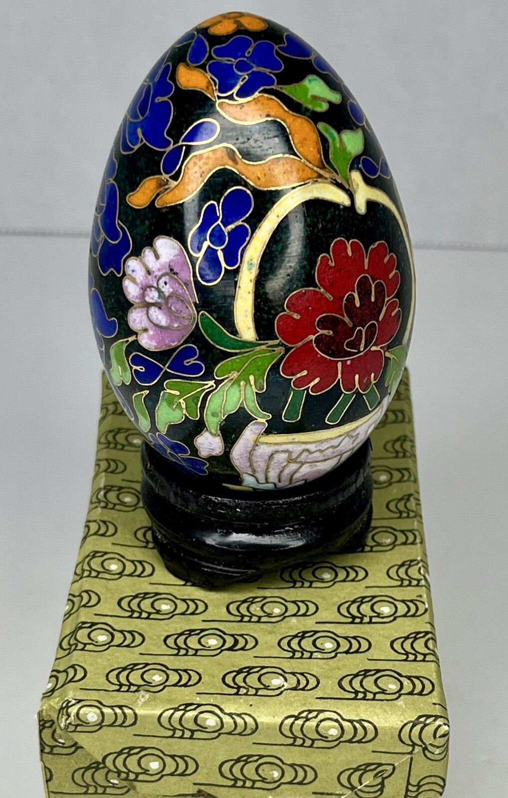 Vintage Chinese Black Cloisonné Enamel Copper Egg Pink Flowers Wood Stand In Box