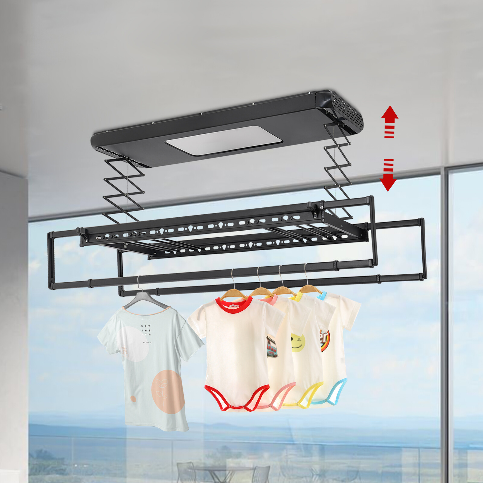 Wall and Ceiling Clothesline, Electrical Drying Rack w/ 8 Rod & Light Up Lamps