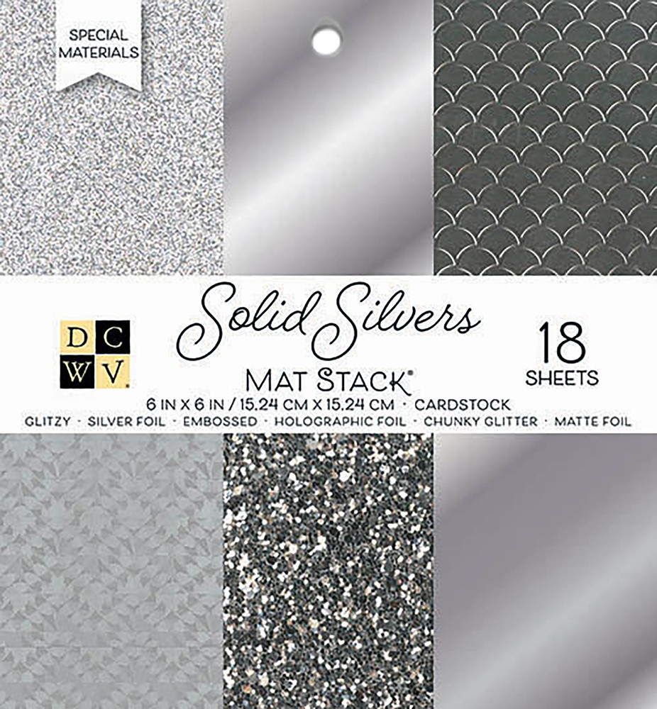 DCWV Single-Sided Cardstock Stack 6"X6" 18/Pkg-Solid Silvers Glitter & - 3 Pack