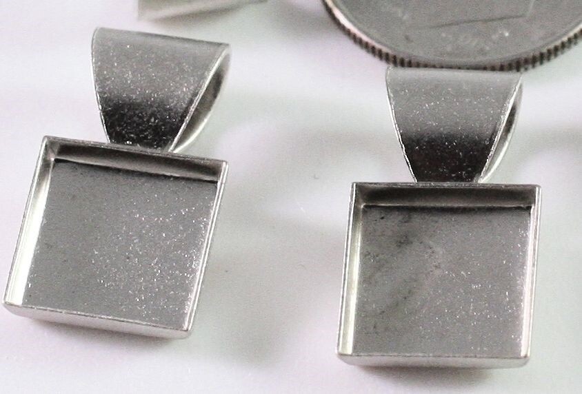 5 Silver Plated Brass 11mm Square Patera Bezel Pendants *