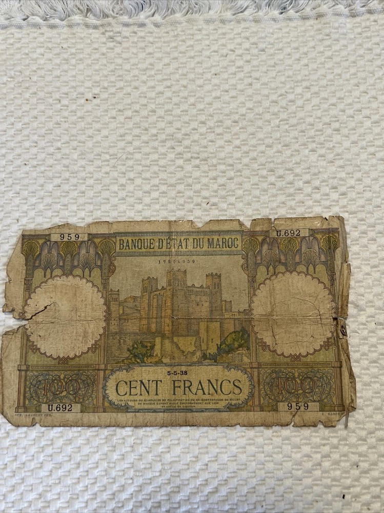 Morocco 100 Francs 1938, poor, tears