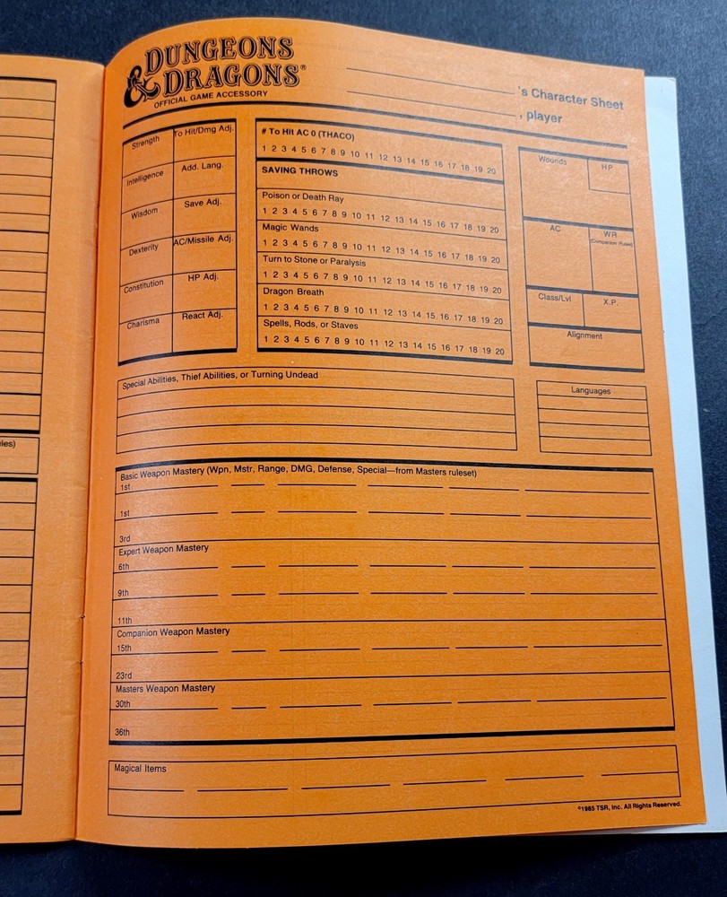 Dungeons & Dragons Player Character Record Sheets 1985 9037 TSR