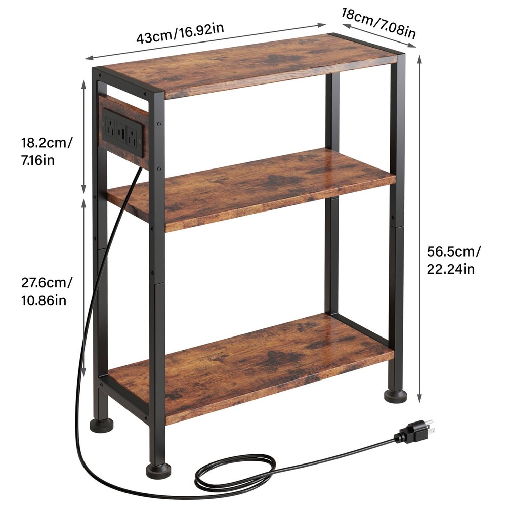 End Table Charging Station 3-Tier Side Table USB Ports Outlets Slim Rustic