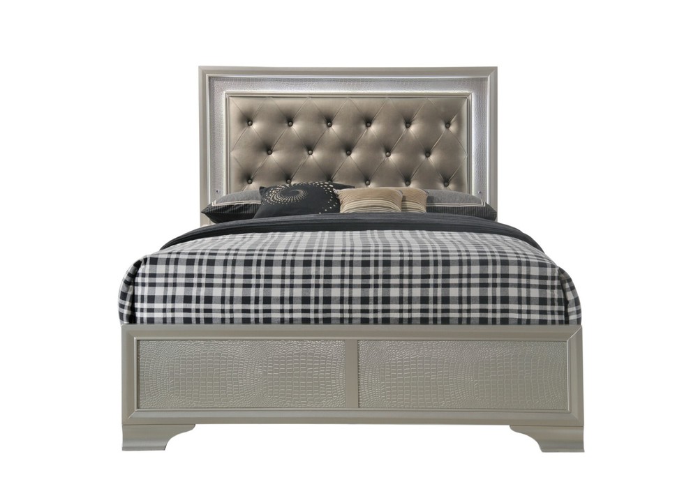 Modern 3pc Queen Size Upholstered LED Backlit HB Panel Bed Chest Nightstand Set