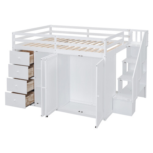 Solid Wood Loft Bed w/ Desk Wardrobe Storage Cabinet Stairs Full Size Bed Frames