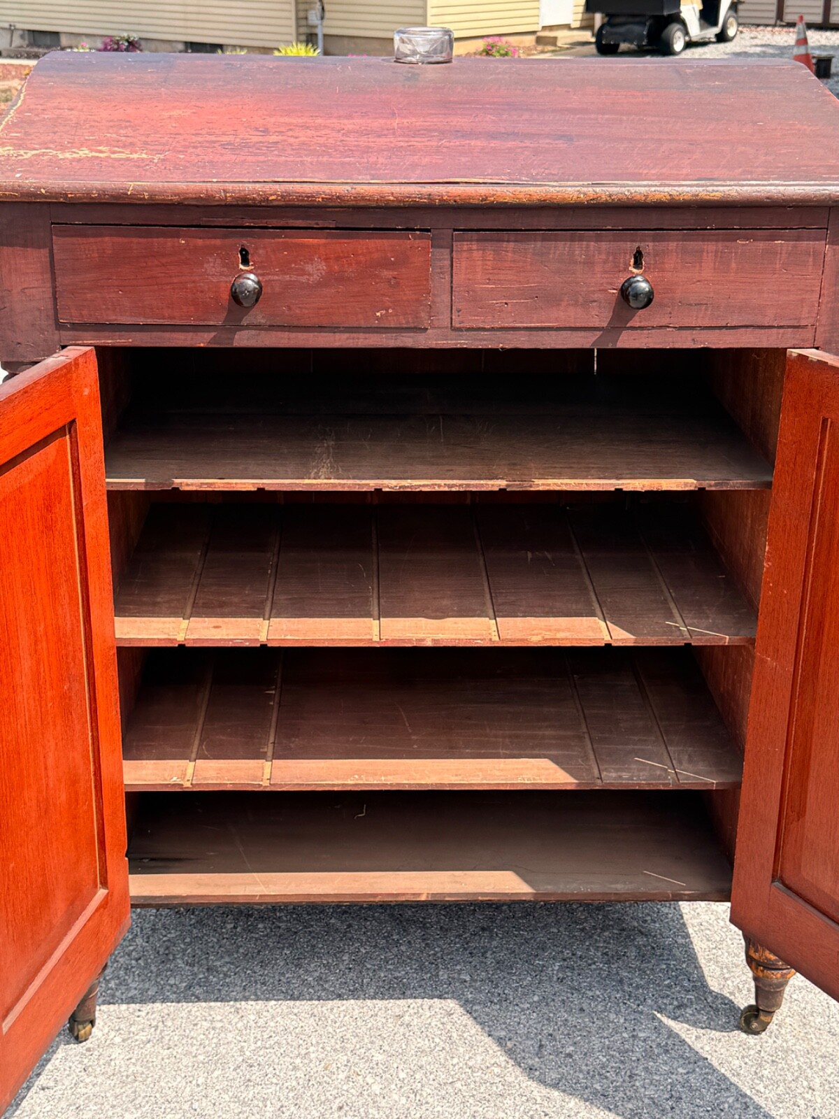 Antique paint decorated primitive country store cabinet cupboard podium folky