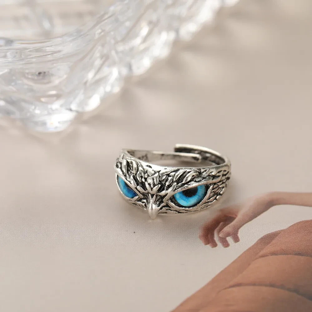 Cute Owl Blue Eye Silver Ring, Adjustable Size, Bird, Fun