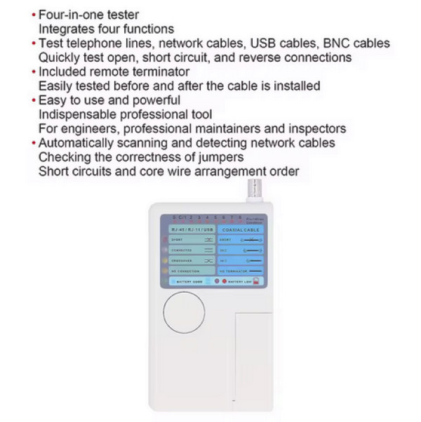 Professional Multi Function 4 In 1 Network Cable Tester RJ45/RJ11/USB/BNC LAN Ca