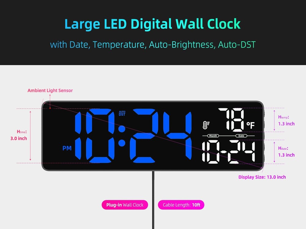 Large Digital Wall Clock with Date, Temperature, Auto-Brightness, Auto-DST | ...