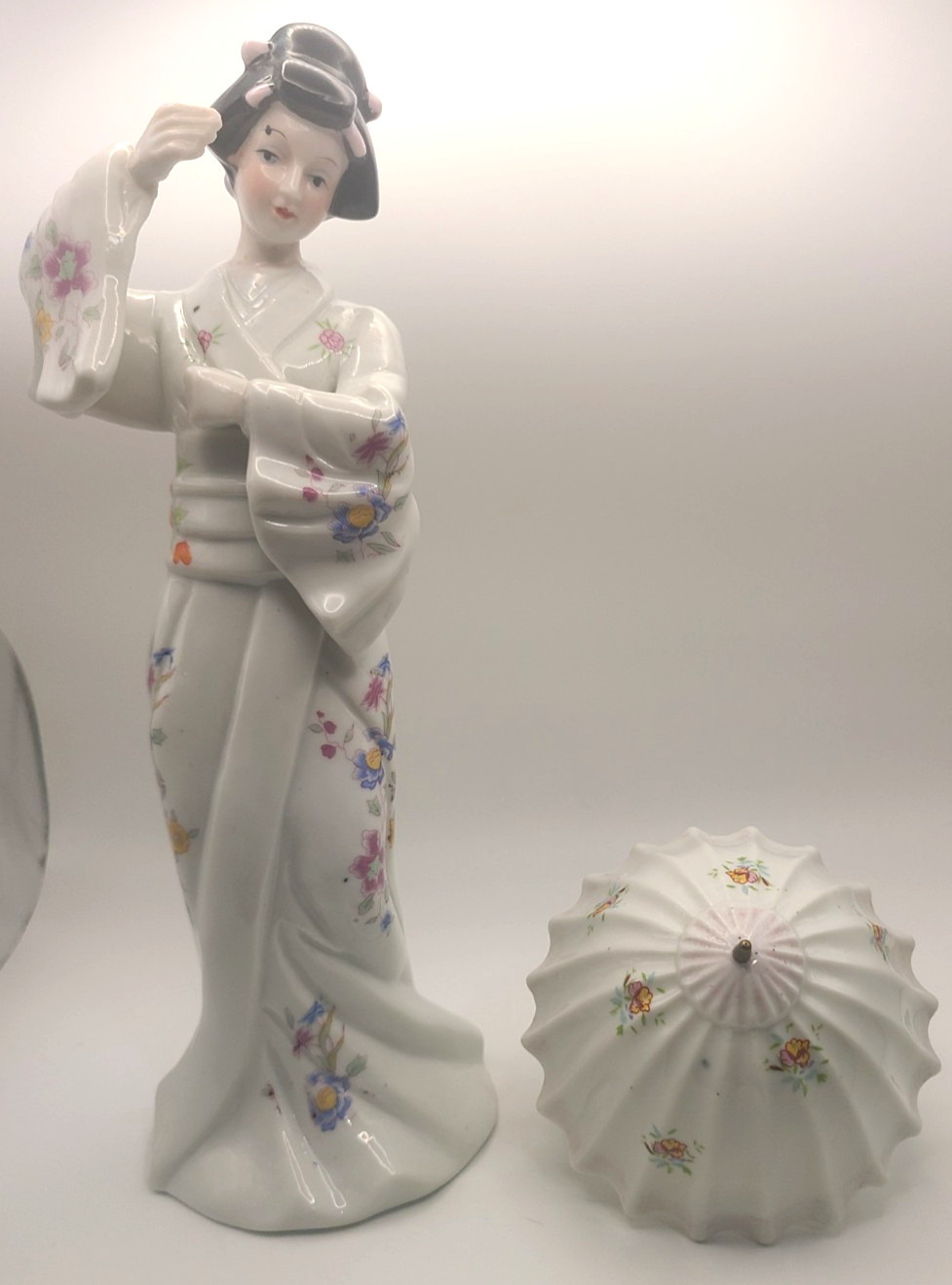 Vintage Japanese Geisha with Umbrella Floral Porcelain Statue 13" Unique