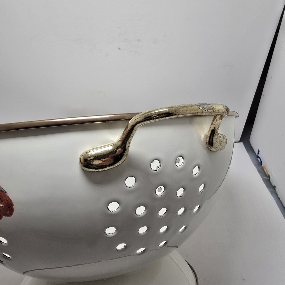 Vintage Cornucopia Enamel and Brass Colander/ Strainer Mixed Fruit Design