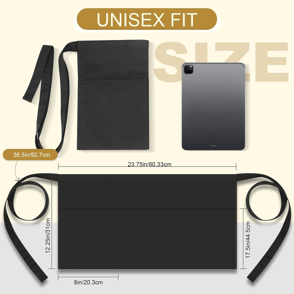 2-Pack Black Server Aprons with 3 Pockets, Adjustable Water-Resistant Waist Half