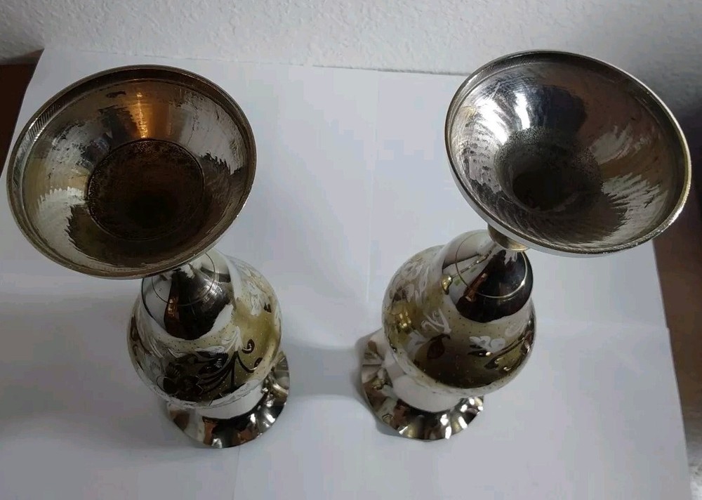 Vtg Middle Eastern Silver over Brass Vase Etched Engraved Set-Nice Shape 11.5 "