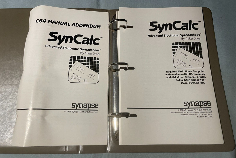 SYNCALC - Atari 400/800/C64 Computer Synapse Software Disk in Binder - TESTED!