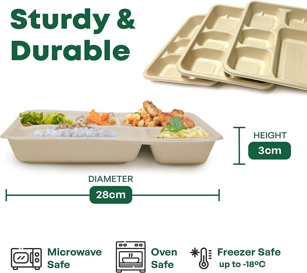 5 Compartments Bagasse Rectangular Tray Compostable Biodegradable With Lids