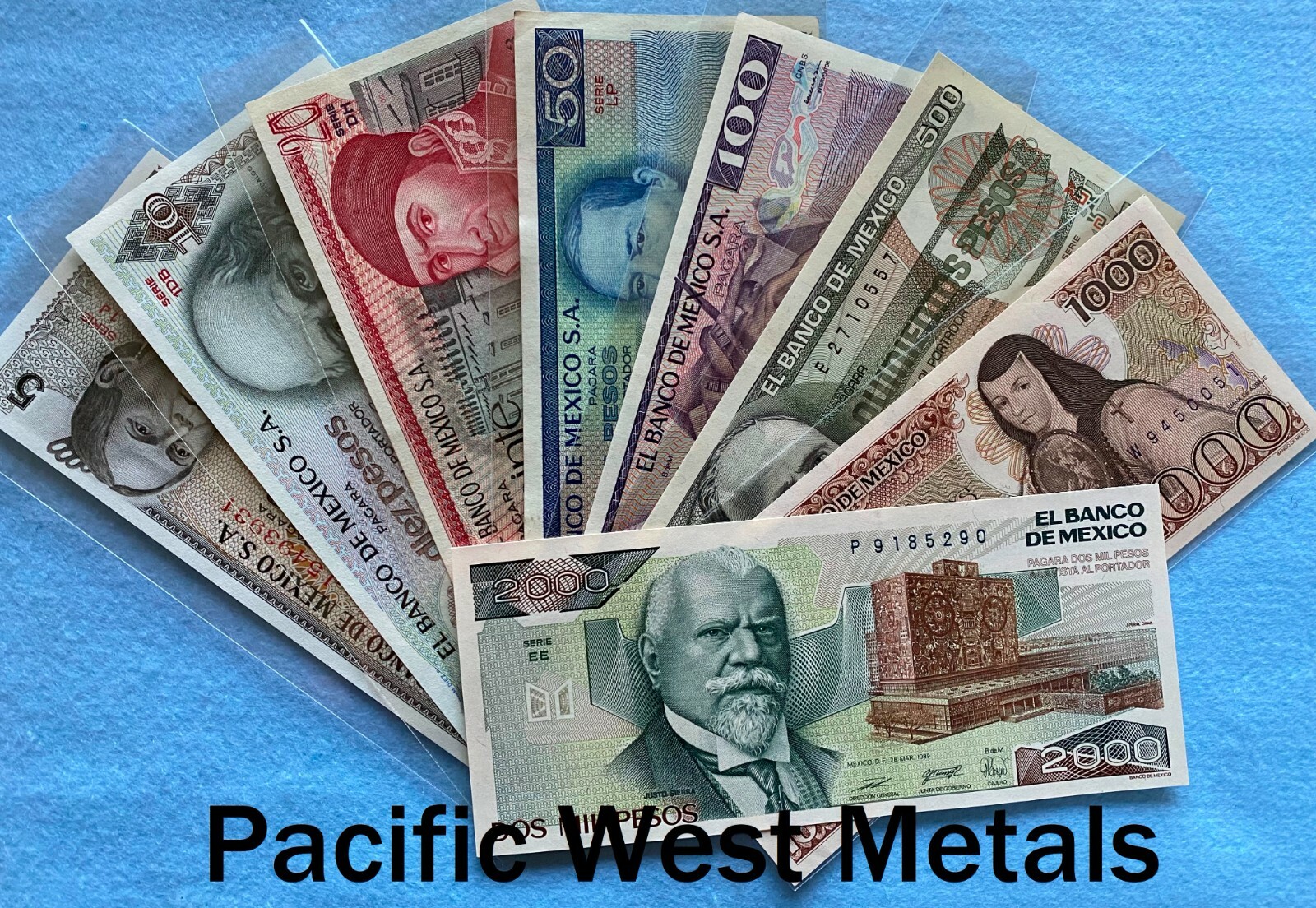 LOT 8 MEXICO PESOS BANKNOTES SERIE 5,10,20,50,100,500,1000 2000 BDM BILLS UNC AU