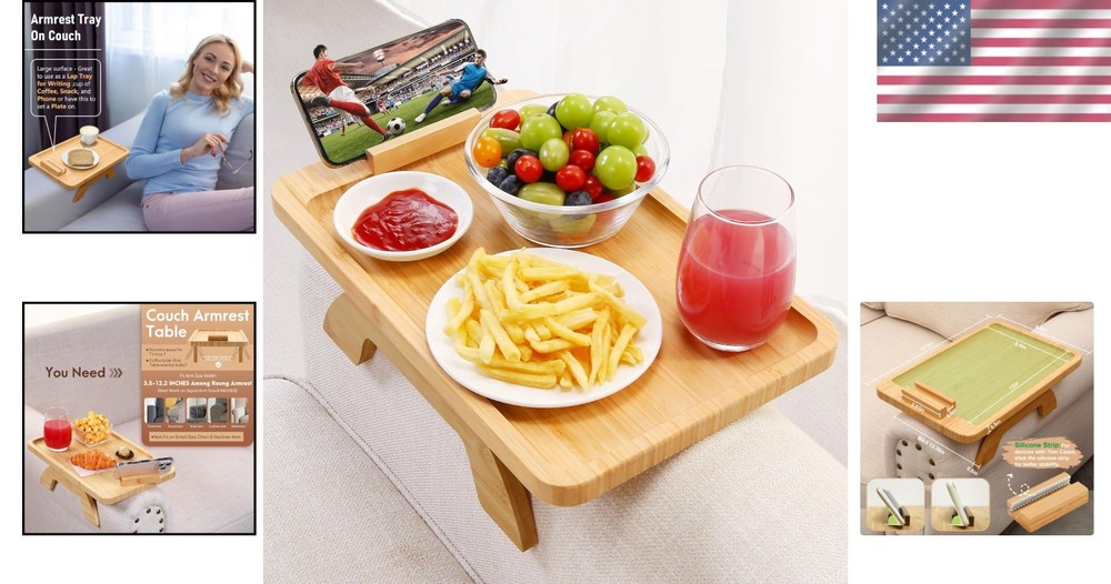 Space-Saving Bamboo Sofa Clip-On Tray with Non-Slip Design for Easier Living
