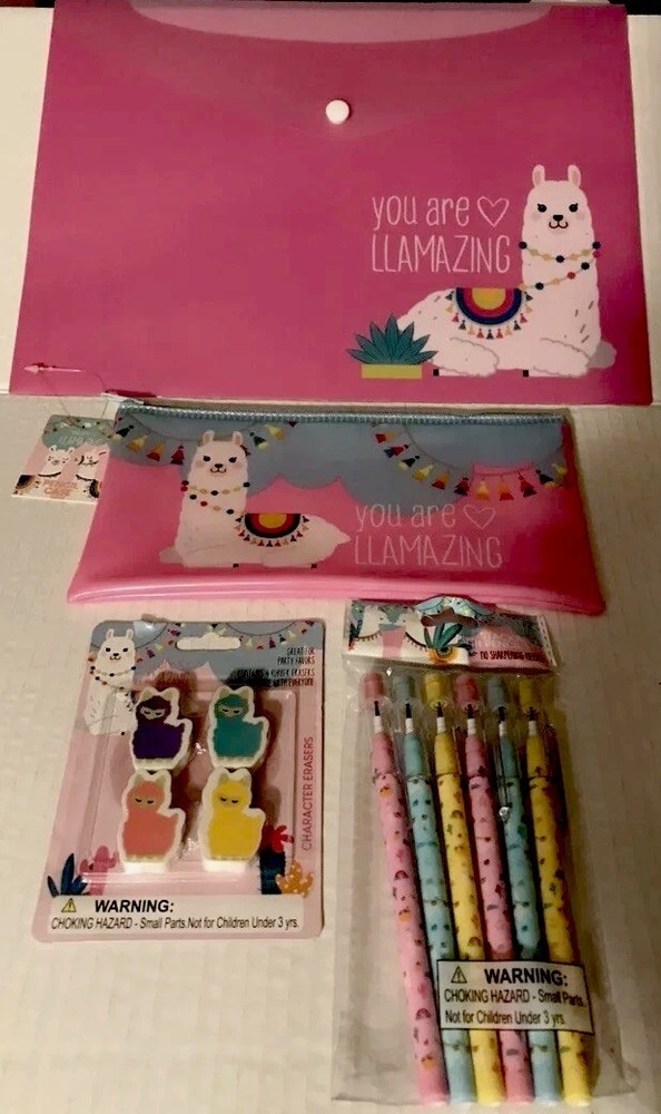 Llama Set Vinyl Pencil Pouch and Envelope, 6 Stackable Push Pencils & 4 Erasers
