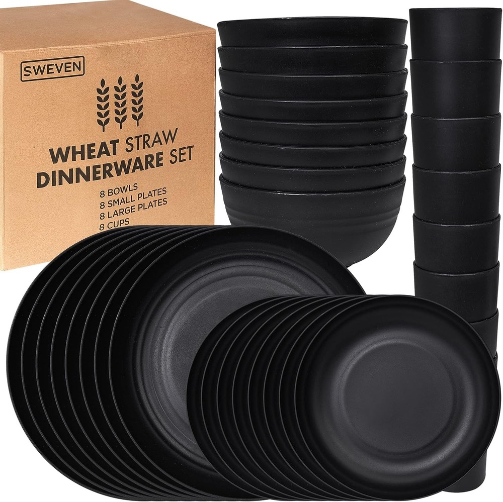 Wheat Straw Dinnerware Sets | Unbreakable Service for 8 (32 pcs), Black