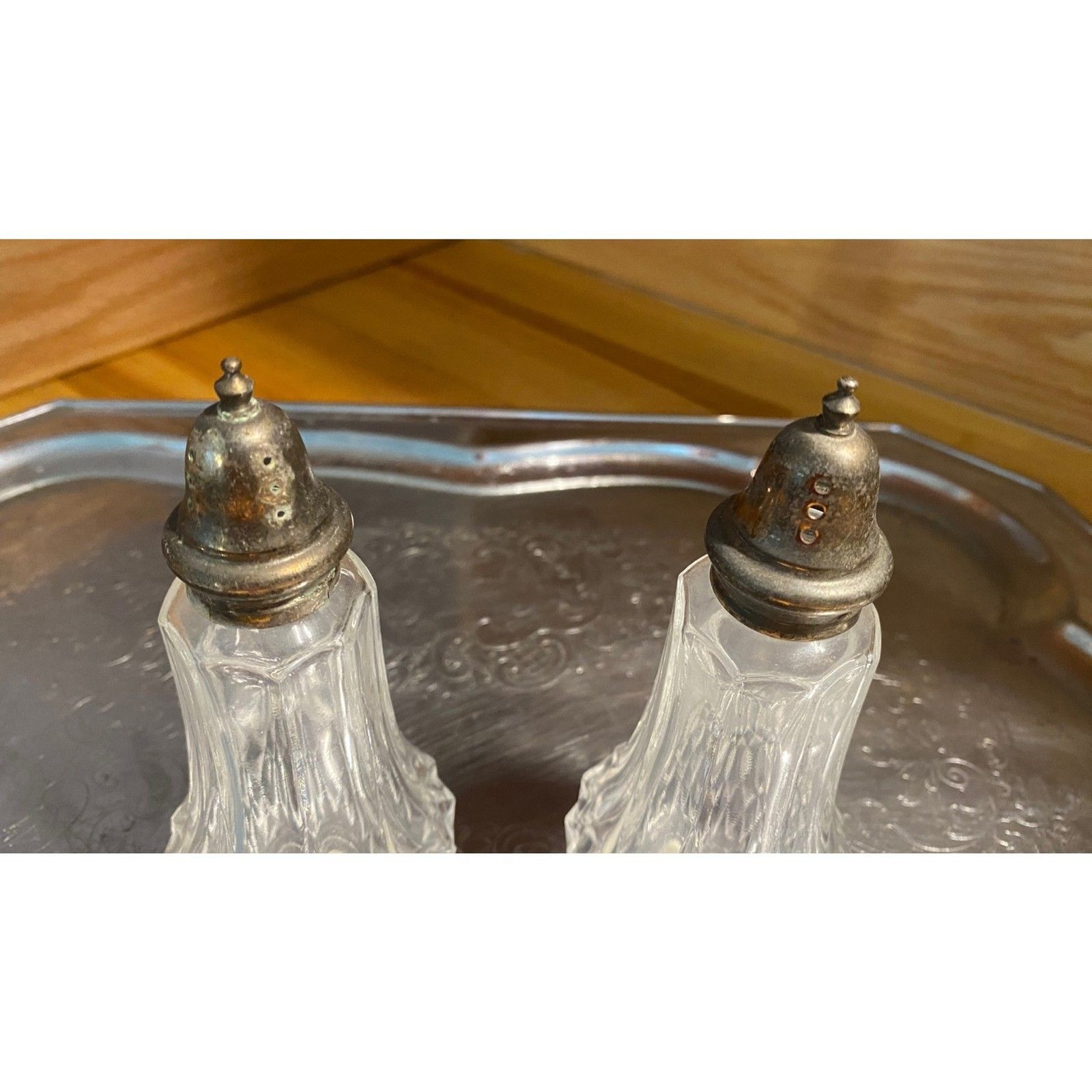 Vintage FB Rogers Crystal Salt & Pepper Shakers Japan Silver Plate Tops