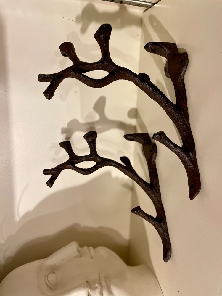 2 Cast Iron Shelf Bracket Wall Mount Hardware Brace Tree Branch Limb Sculpture