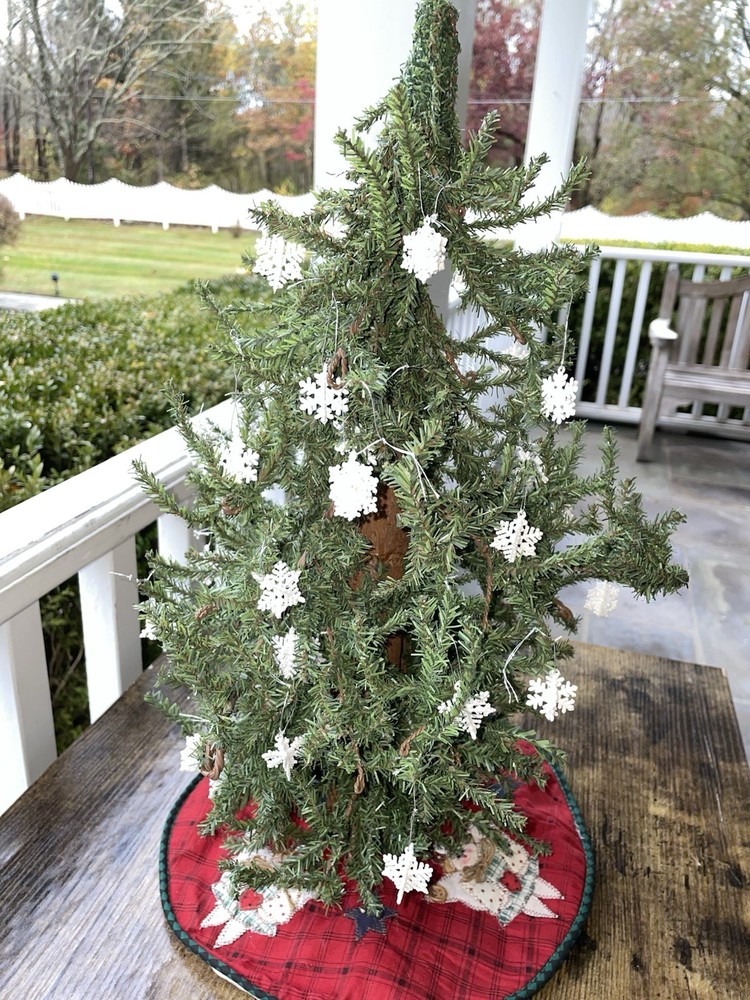 Primitive Rustic Artificial Christmas Tree Table Top with Ornaments & Tree Skirt