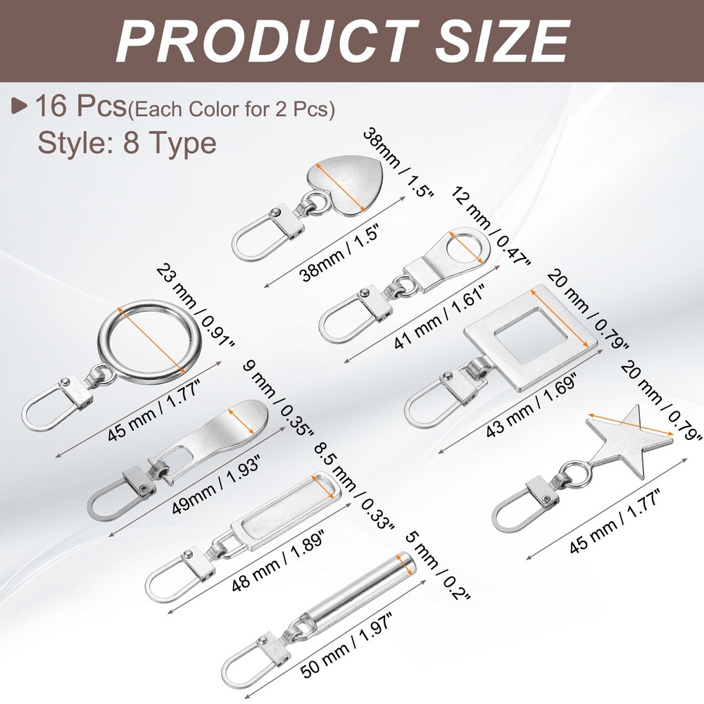 16 Pcs Zipper Pull, 1.77 Inch Metal 8 Type Zip Puller Zipper, Silver