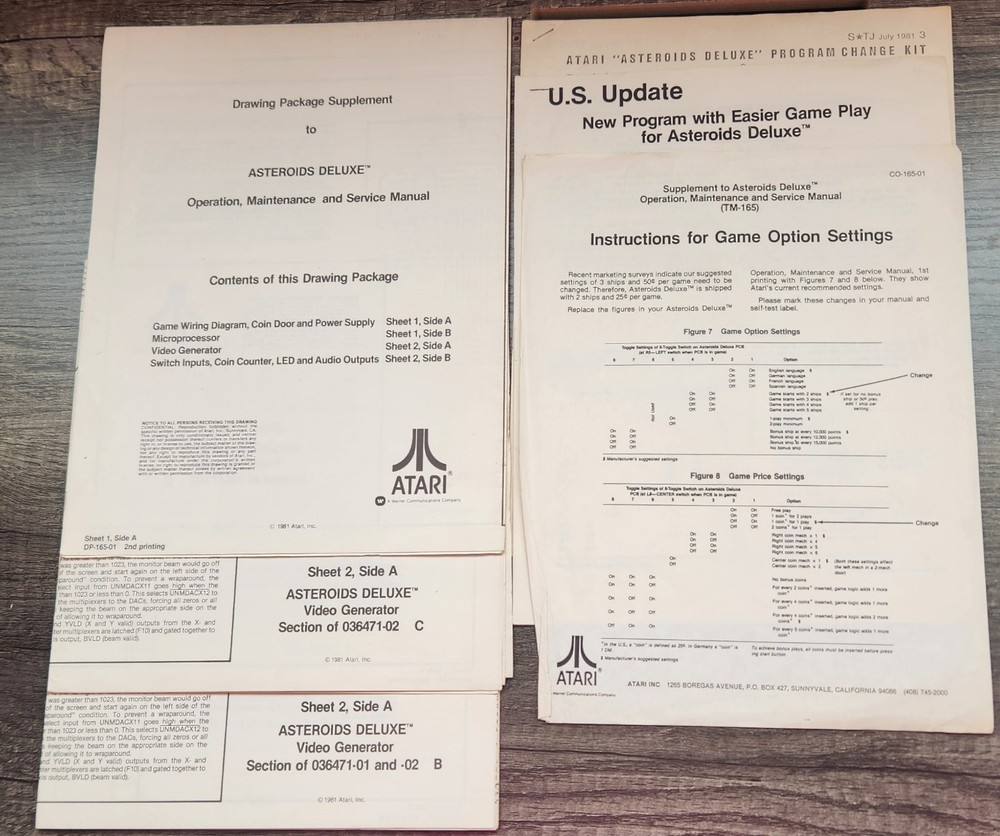 Asteroids Deluxe Drawing Package/Schematics W/supplements Atari Original