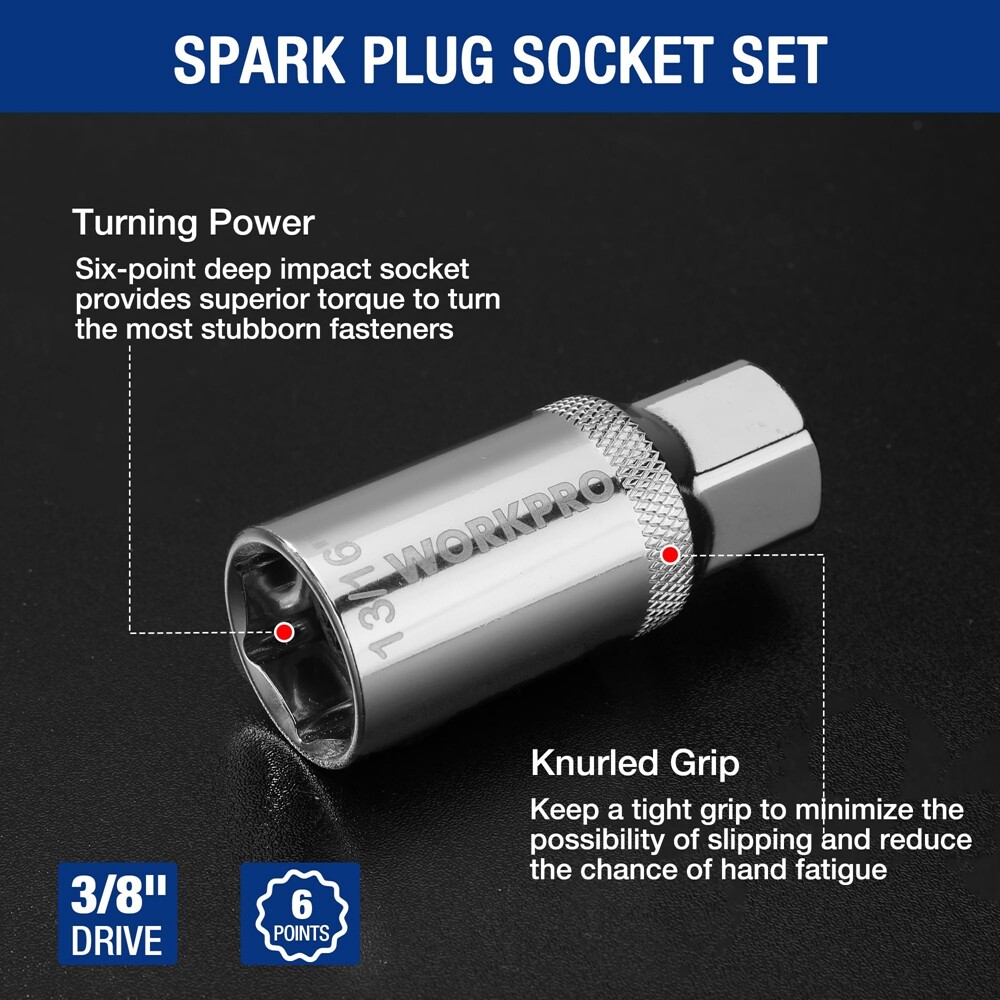WORKPRO 7 PCS Magnetic Swivel Spark Plug Socket Set with 12 Points Magnetic Core