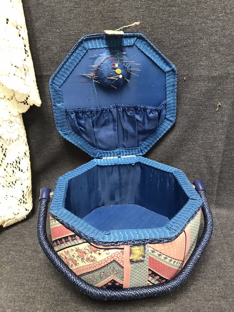 Vintage 1980’s Era Sewing Basket With Blue Patchwork Outside - Solid Blue Insi