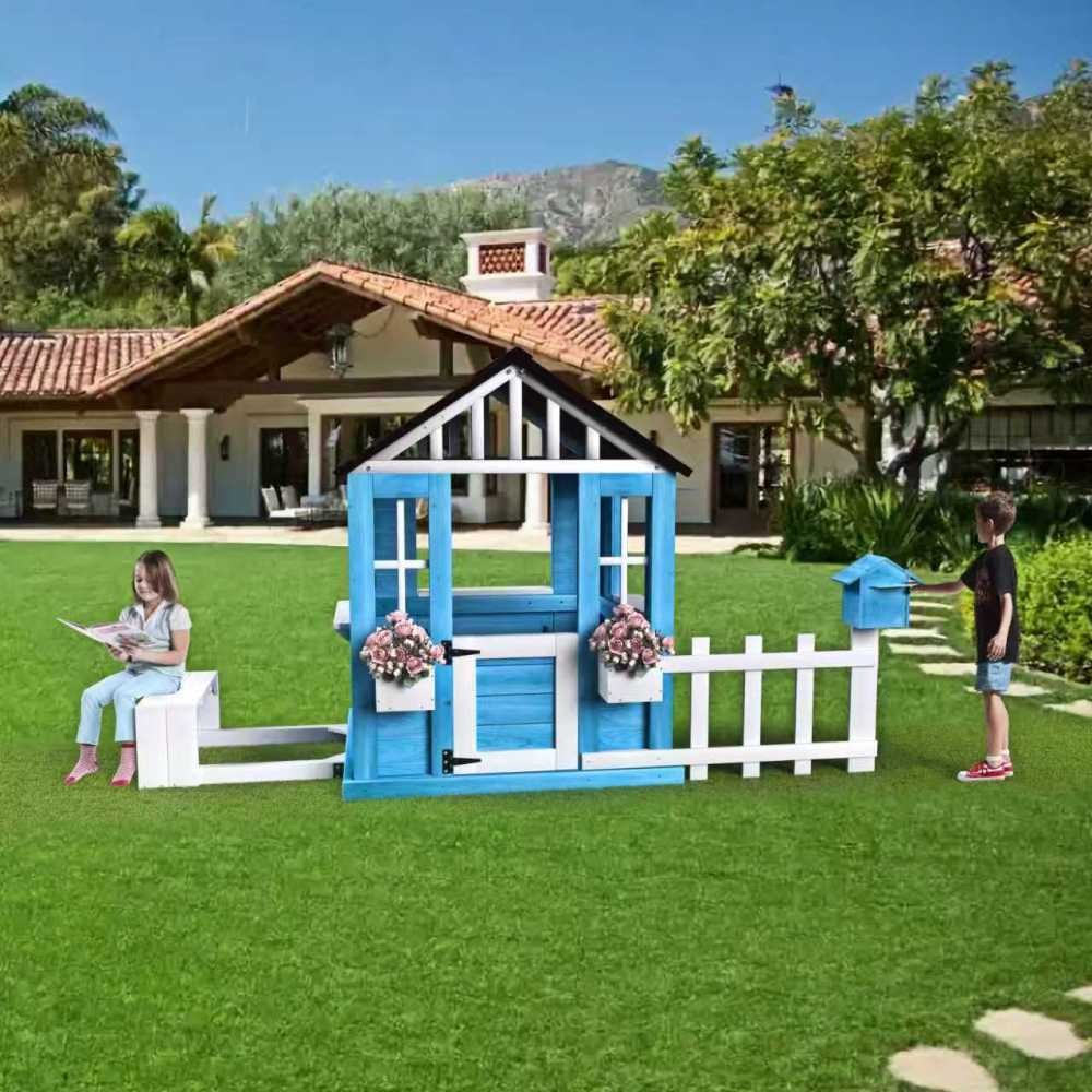 Outdoor Playhouse, Wooden Kids Play House w/Picnic Bench, Half Door, Windows
