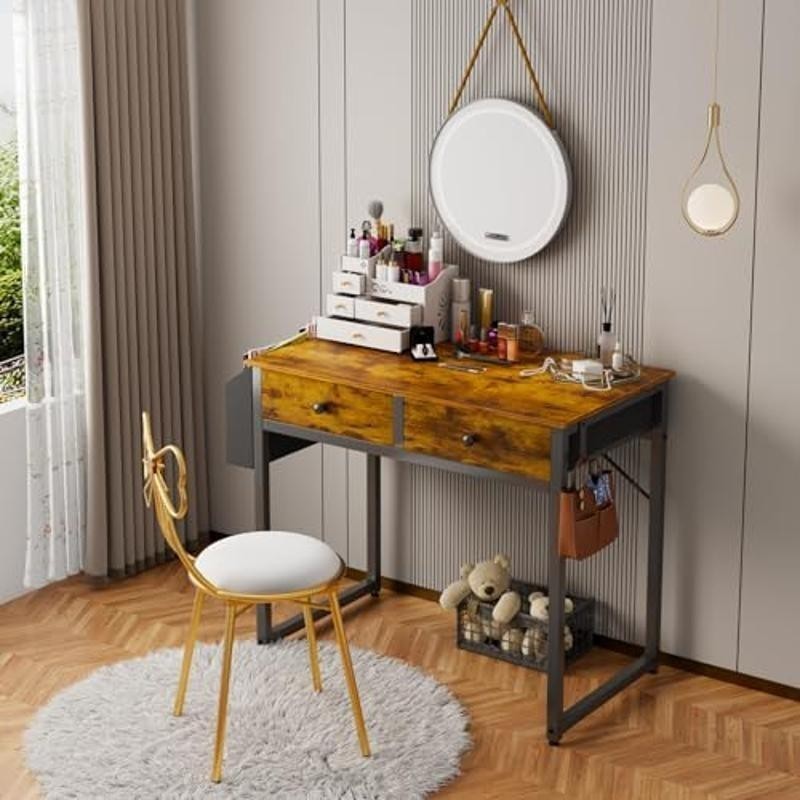 Rustic Brown Computer Desk W/ 2 Drawers & Storage Bag Study Writing Table New