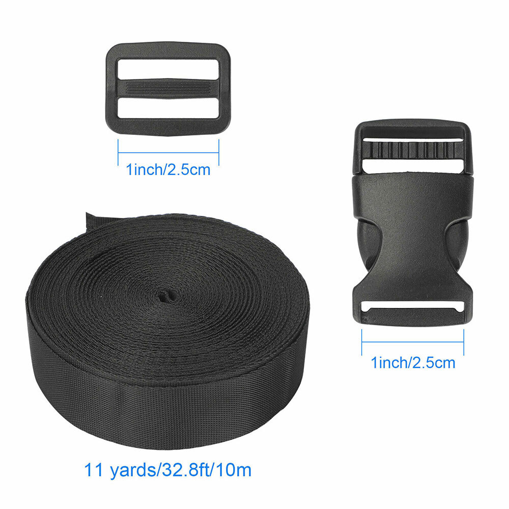 1Inch Black Nylon Webbing Strap Kit With 10PC Plastic Buckle + 10PC Side Release