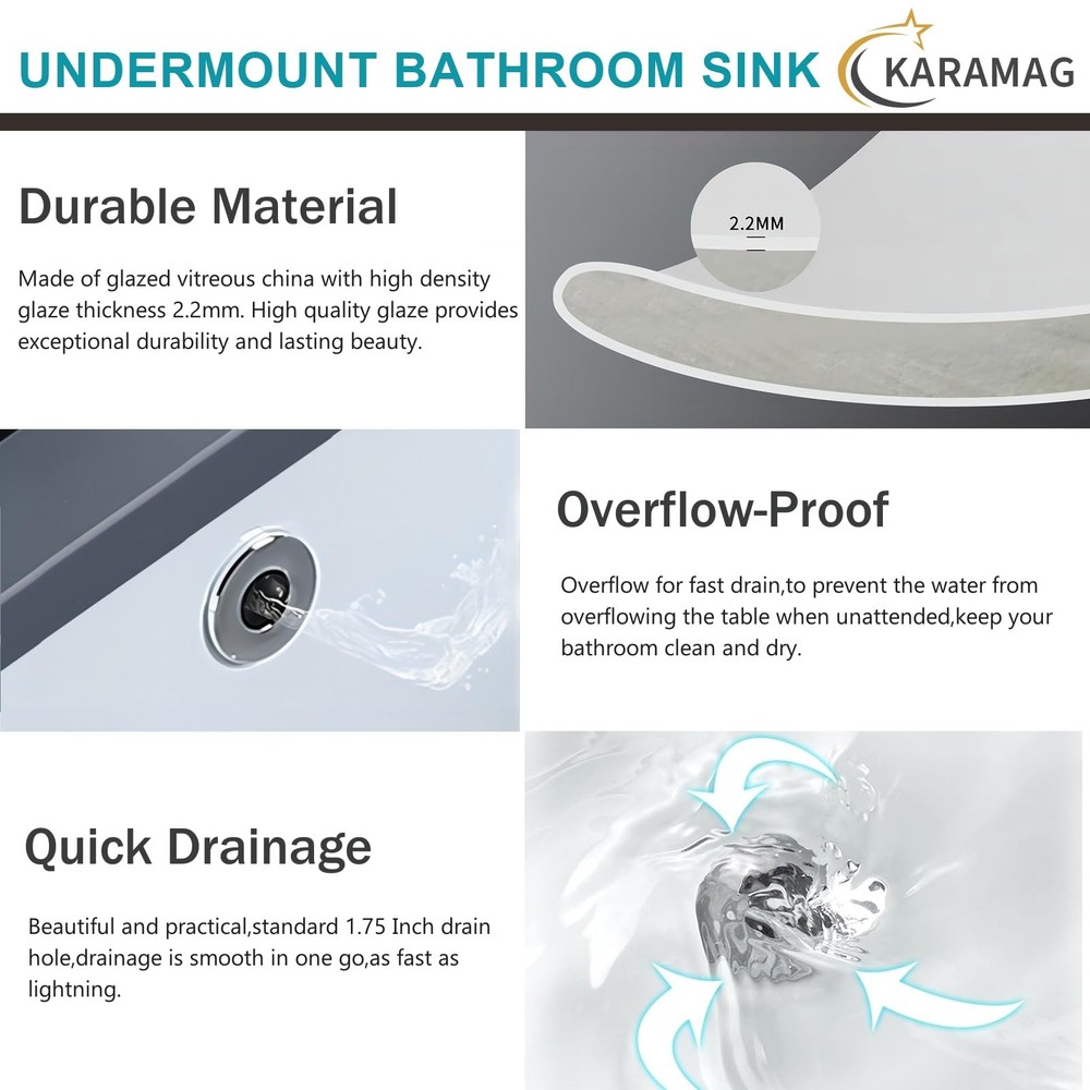 18" Undermount Bathroom Sink Small Rectangle White Ceramic Under Counter Basin