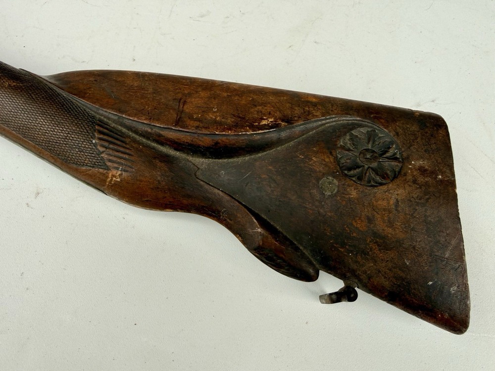 19thC Percussion Cap Muzzle Loading Double Barrel Carved Stock & Trigger PARTS