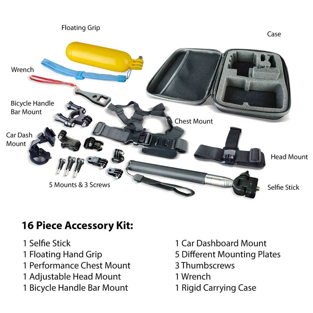 BRAND NEW onn. Action Camera Accessory Kit, 16 Pieces