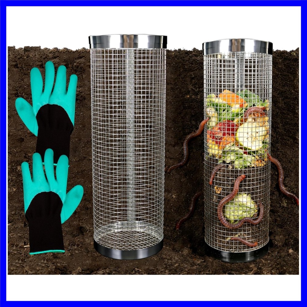 2 Pack Underground Worm Composting Bin with Gardening Gloves - Small Round Me...