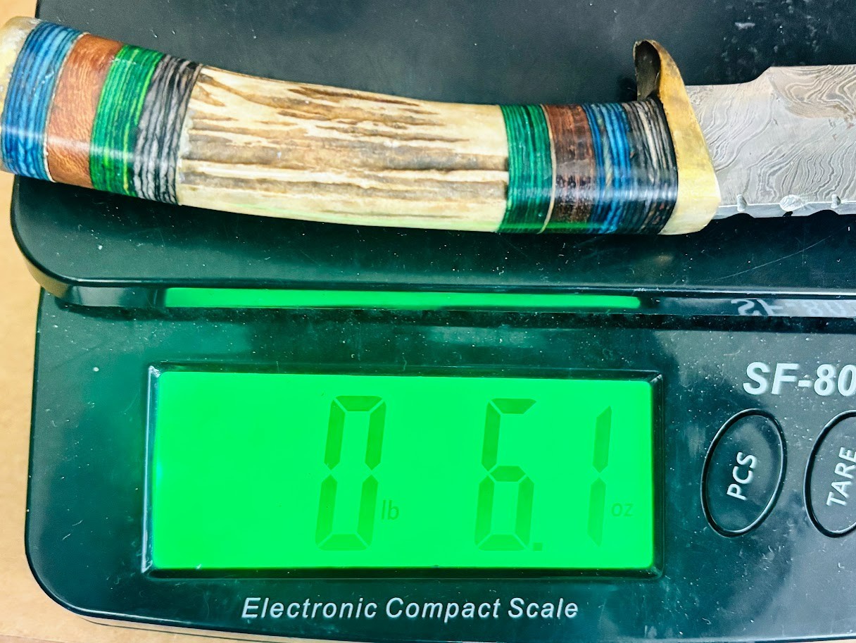 Vintage Stag Handle Fixed Blade Knife Damascus Blade Knives & Leather Sheath