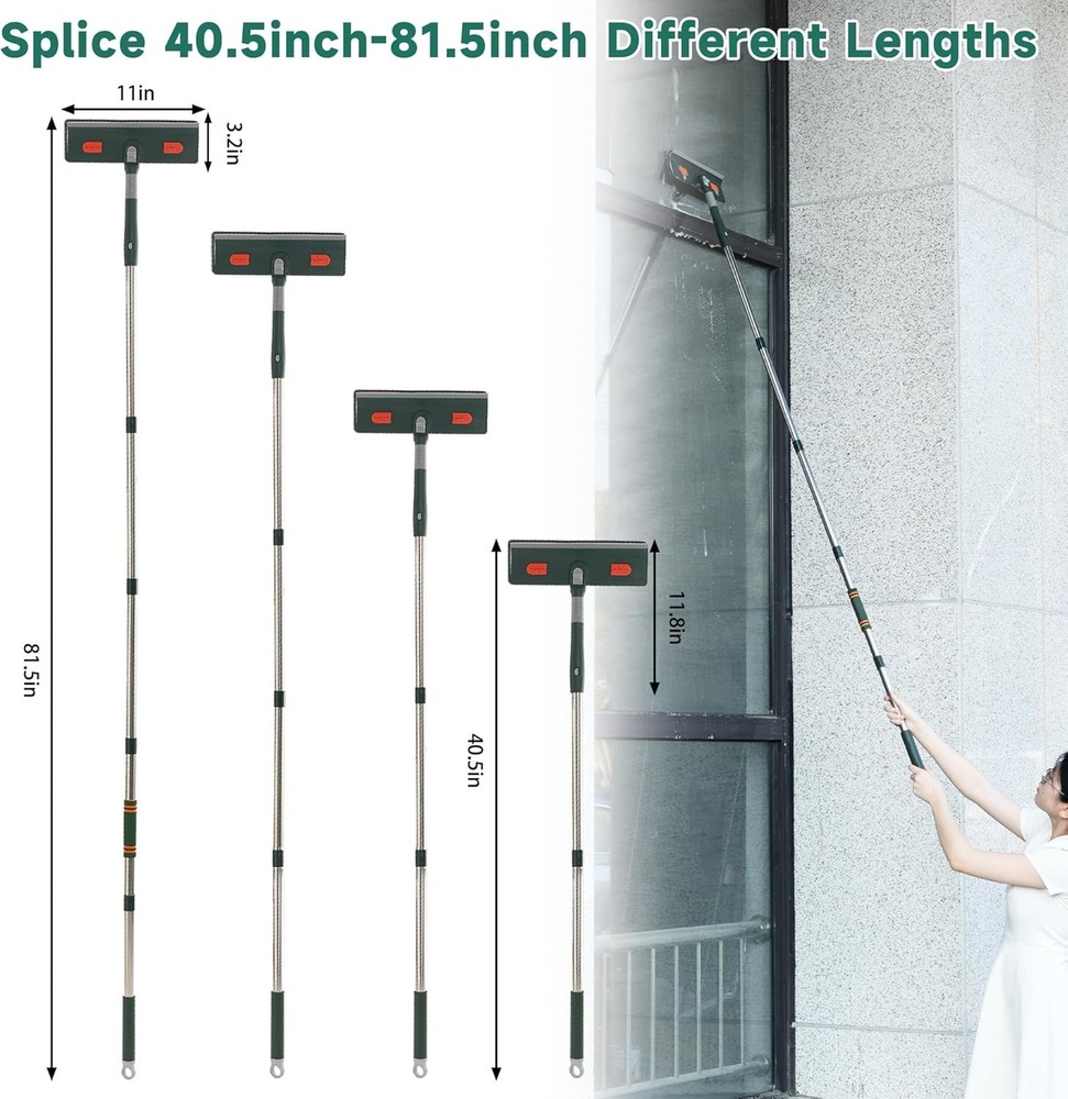 Window Squeegee Cleaner Tool with Extension Pole (81.5inch), Army Green