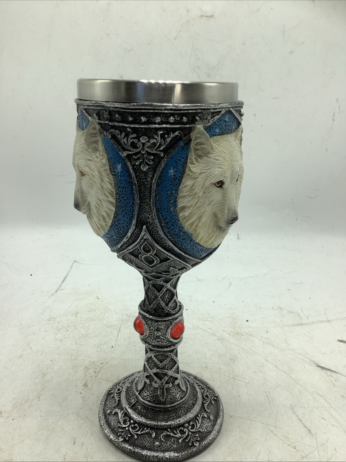 Game Of Thrones Direwolf Chalice Alpha Wolf Wine Goblet Celtic Magic Red Stones