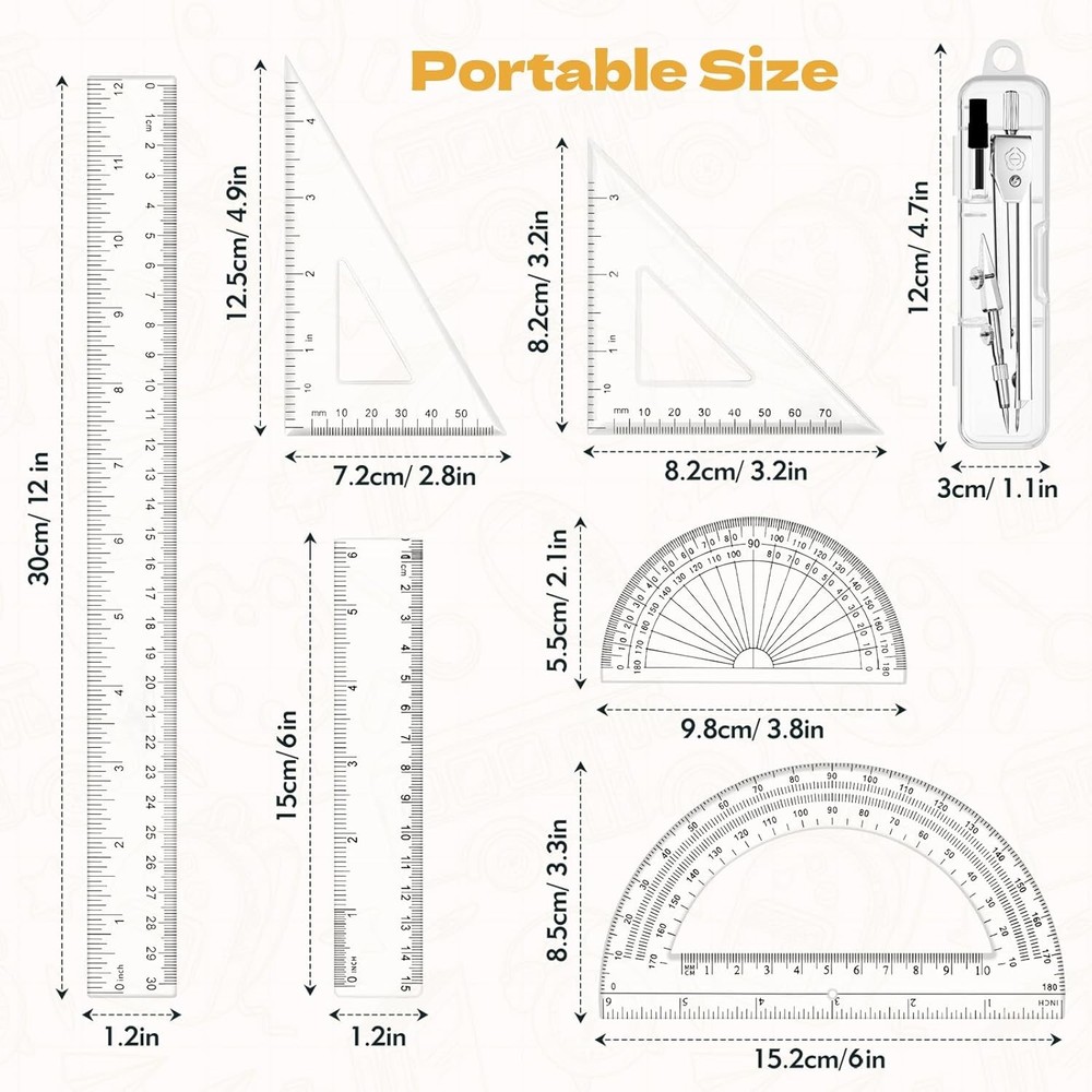 Geometry Set - 7Pcs Geometry Kit with Clear Plastic Ruler 12Inch & 6Inch,