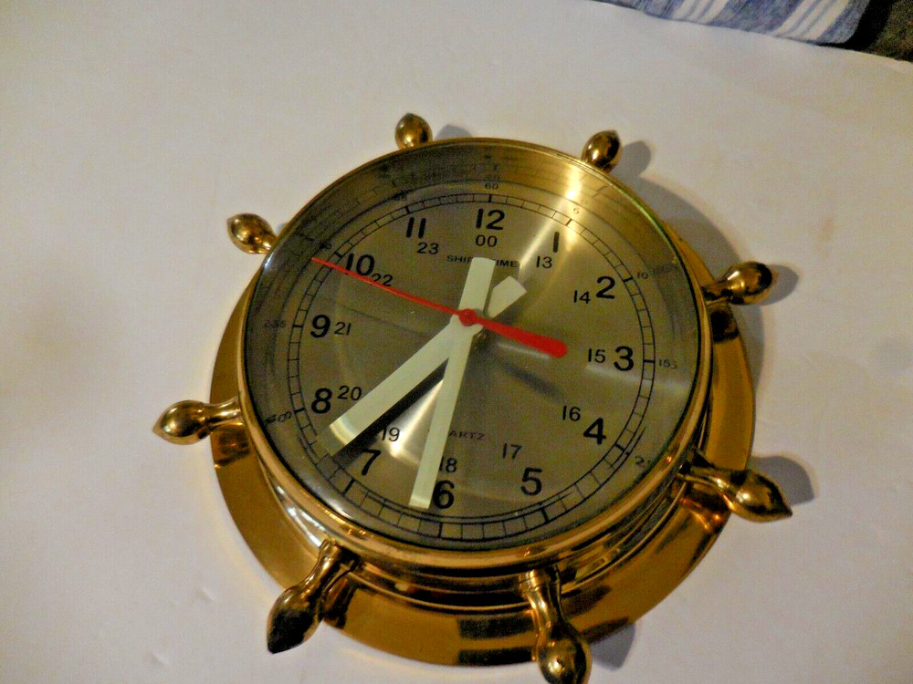 Vintage SHIPS TIME all Solid Brass Ship Nautical Wheel Wall Quartz Clock, 8" Dia